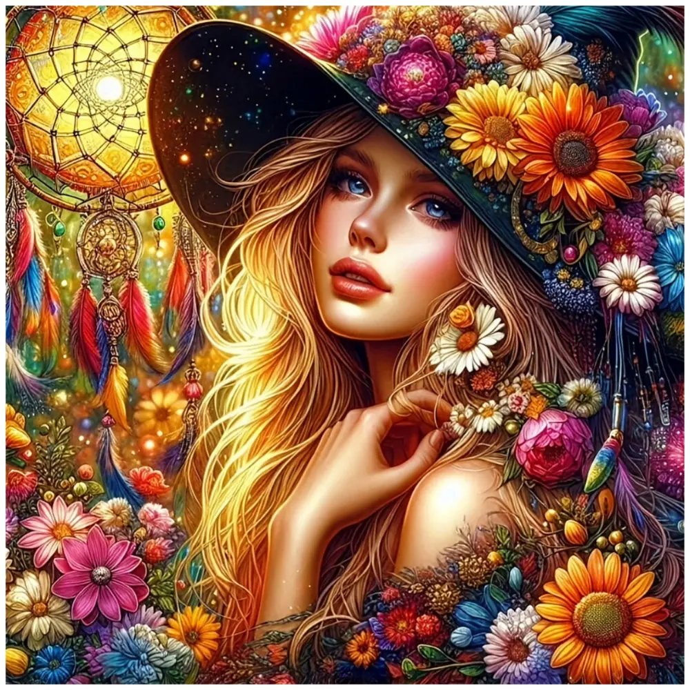 Bohemian Witch with Flower-Covered Hat and Dreamcatcher in Floral Garden, Multiple sizes available including square and round diamonds, 5D DIY diamond painting set diamond art embroidery kit furniture decor holiday birthday gift, Diy Kits