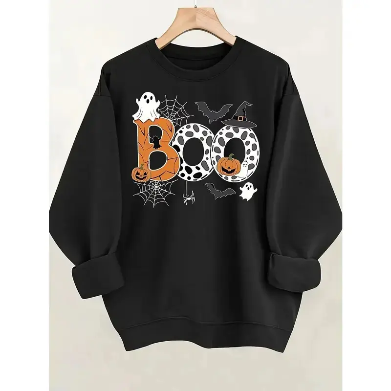 Halloween BOO Ghost Pumpkin Spider Bat Graphic Crewneck Sweatshirt, Cute Oversized Fashion Outfit, Best Halloween Gift For Lover Family Friends