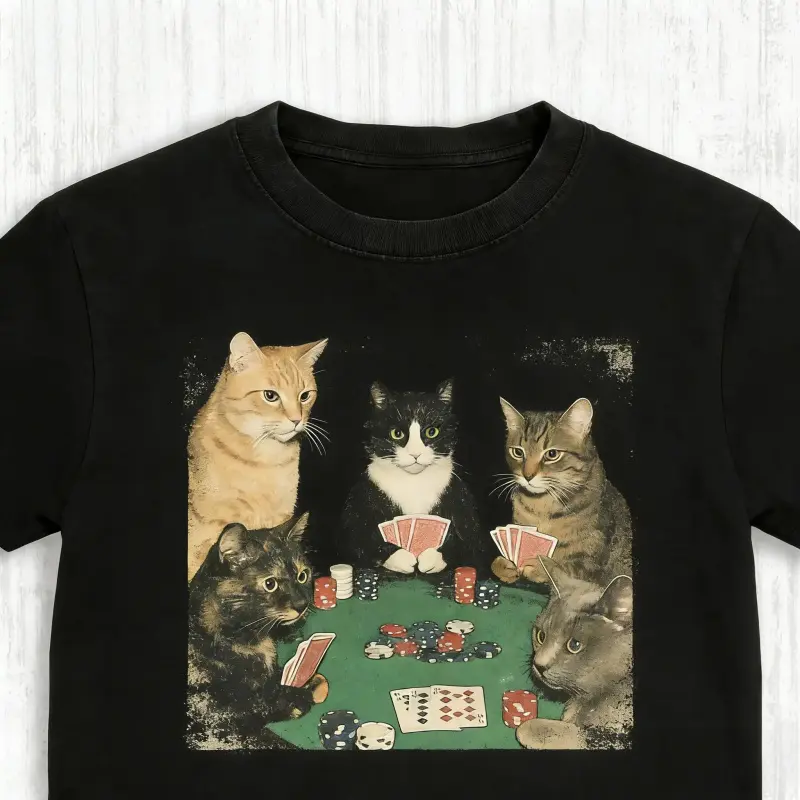 Men's Vintage Cats Playing Poker Graphic Short-Sleeve Round Neck Cotton T-Shirt, Black Retro Animal Funny Casino Summer Casual Sports Top Gift, Shortsleeve, Tshirt