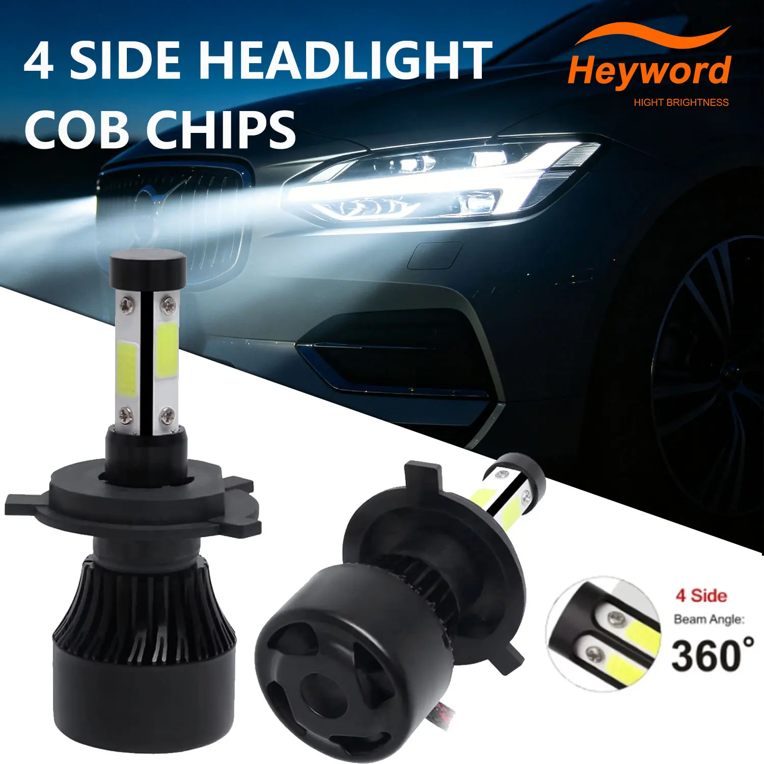 X7 H4 LED Headlight Bulb 4 COB Chips 72W 8000LM 6500K Super Bright Auto Car Lamp Fog Light 12V High Low Beam Retrofit Kit