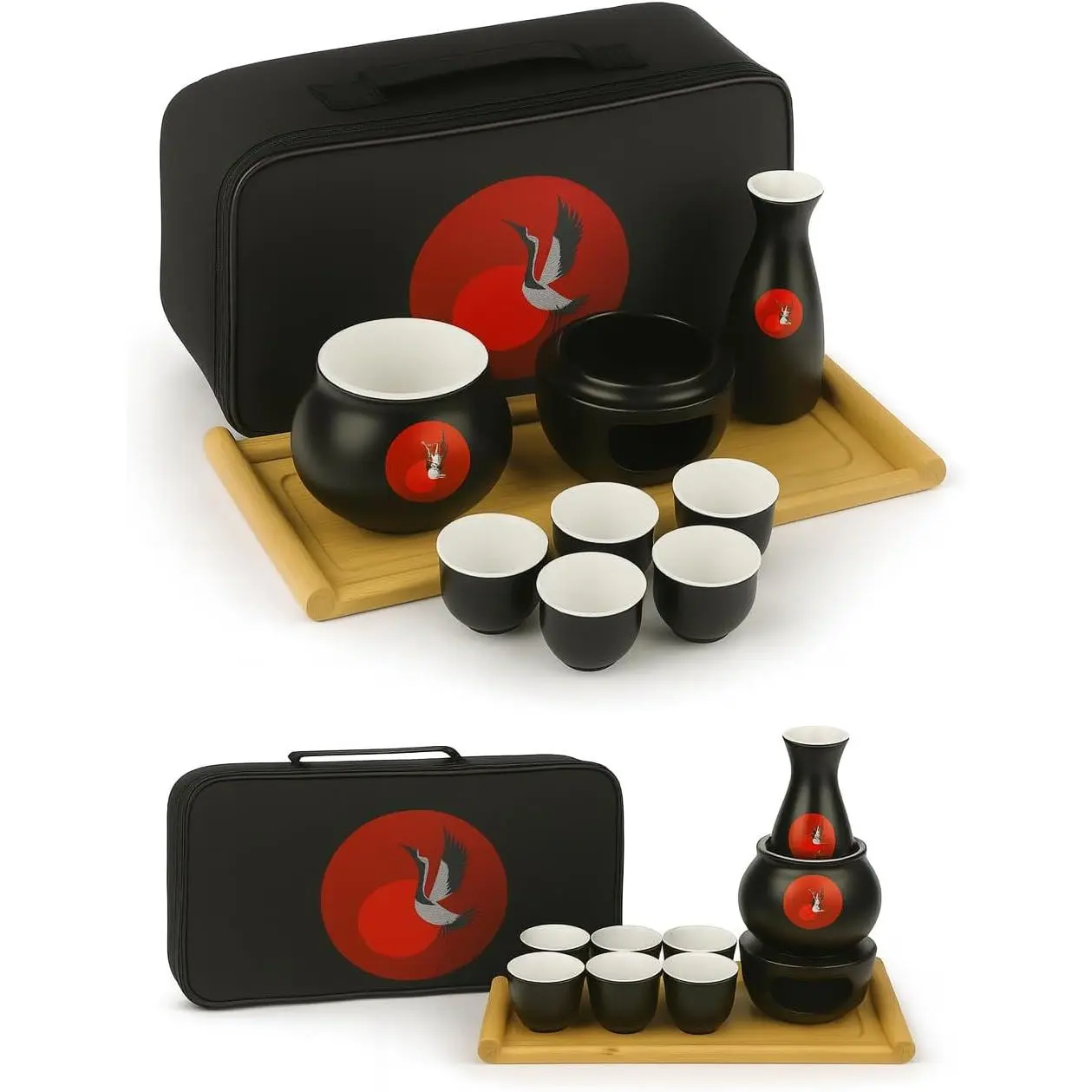 Japanese Sake Cup Set with 6 Ceramic Cups 1 Sake Bottle 1 Sake Warmer, Bamboo Tray & Cloth Carrying Case, Perfect Hot Sake Set for Authentic Japanese Experience Black/White