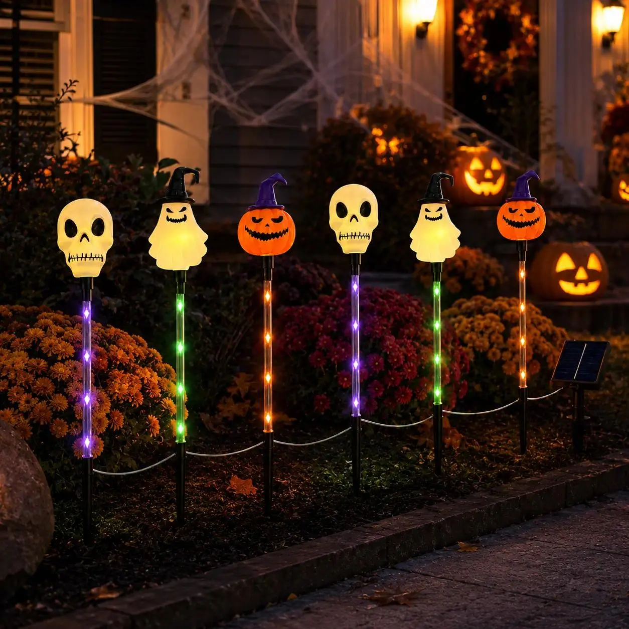 6-Pack Solar Halloween Stake Lights, Skull Ghost Jack-O'-Lantern LED Pathway Lights with 8 Dynamic Modes, IPX4 Waterproof Outdoor Decor for Lawn, Garden, Halloween Party Curb Appeal