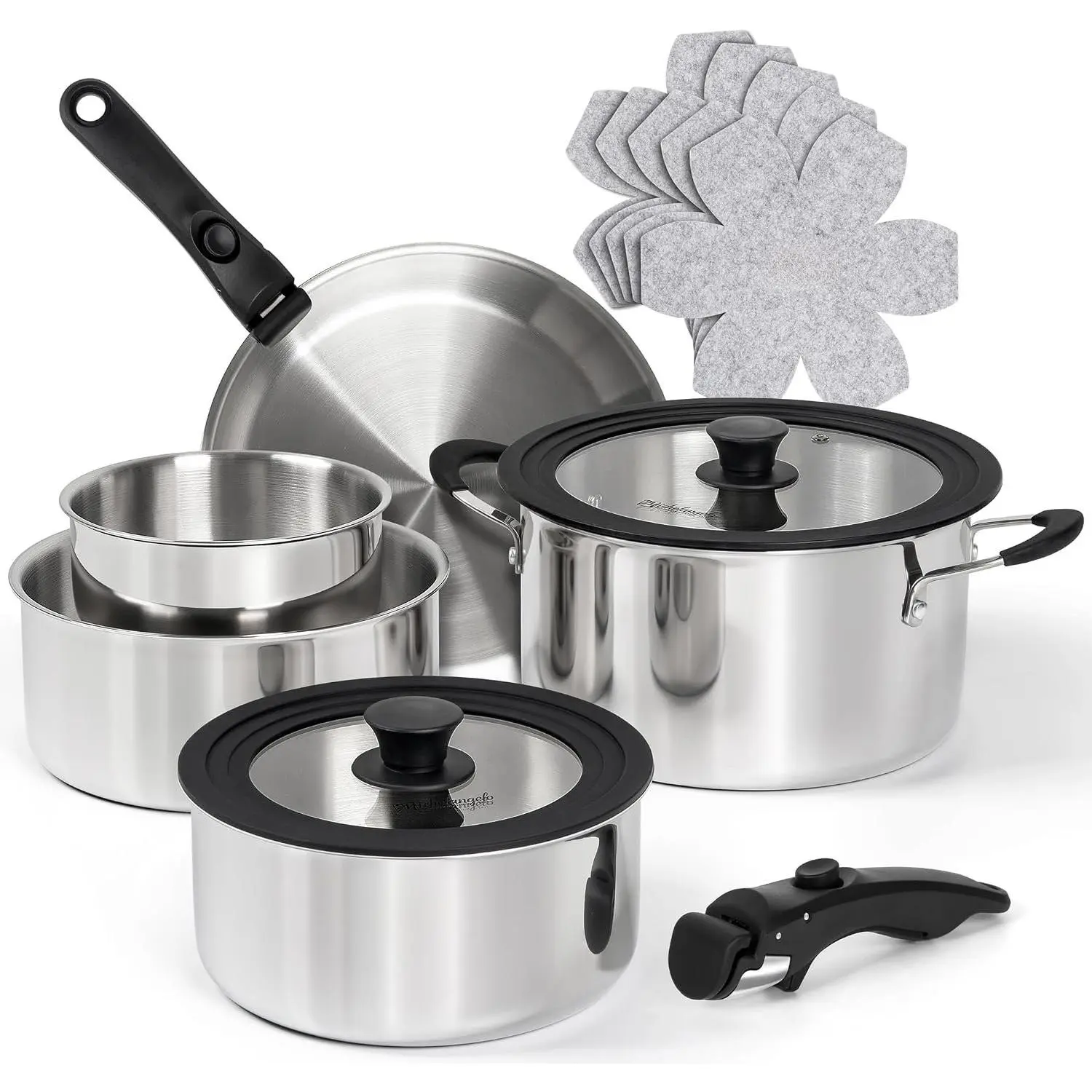 14-Piece Tri-Ply Stainless Steel Cookware Set, Modern Stackable Pots & Pans with Detachable Handles, Induction Compatible, Oven Safe, No Coating for RVs & Small Kitchens