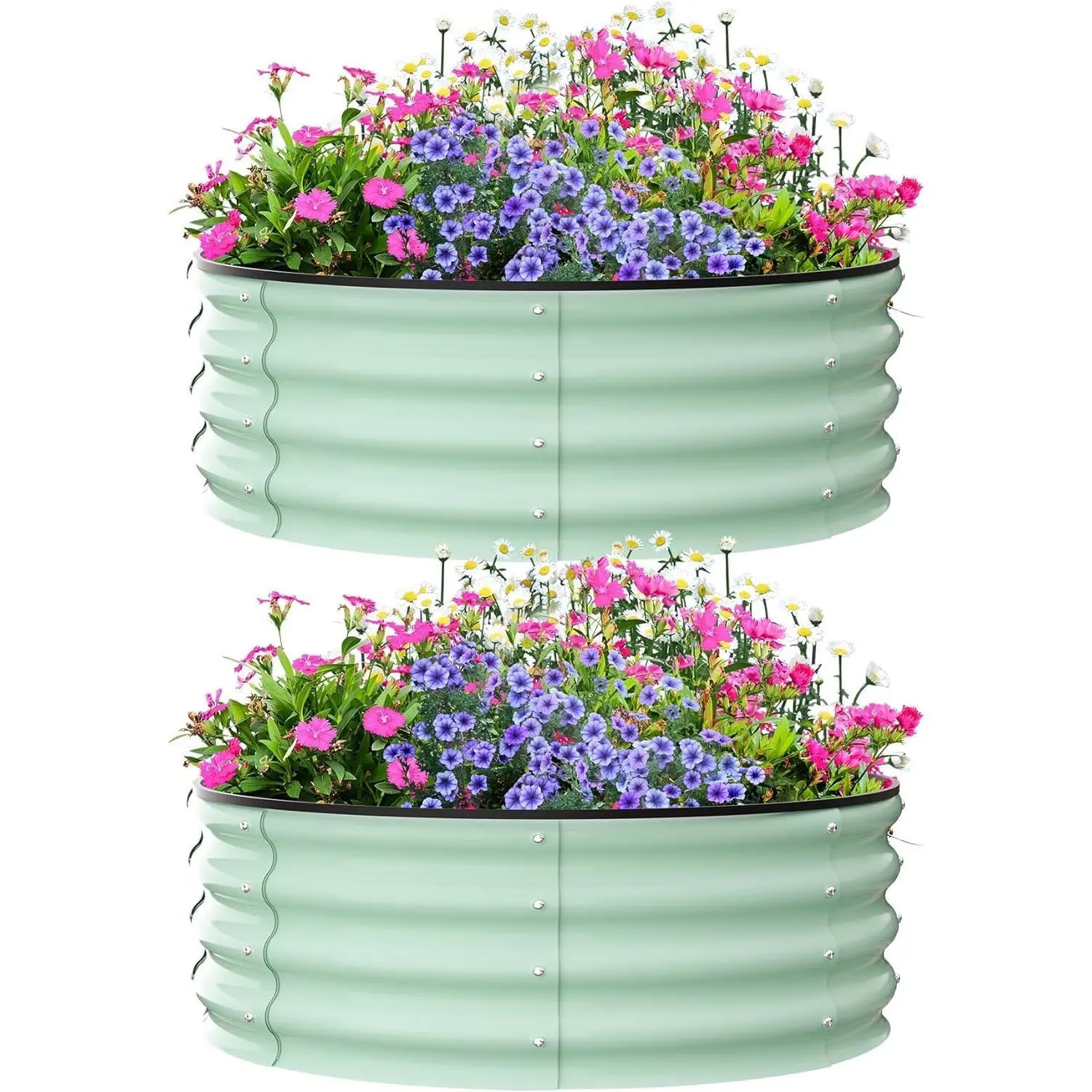 Garvee Set of 2 galvanized raised garden beds, round metal planter boxes designed for gardening, suitable for planting vegetables, flowers, and plants, available in green and white, dimensions 90x90x30 cm and 60x60x30 cm.