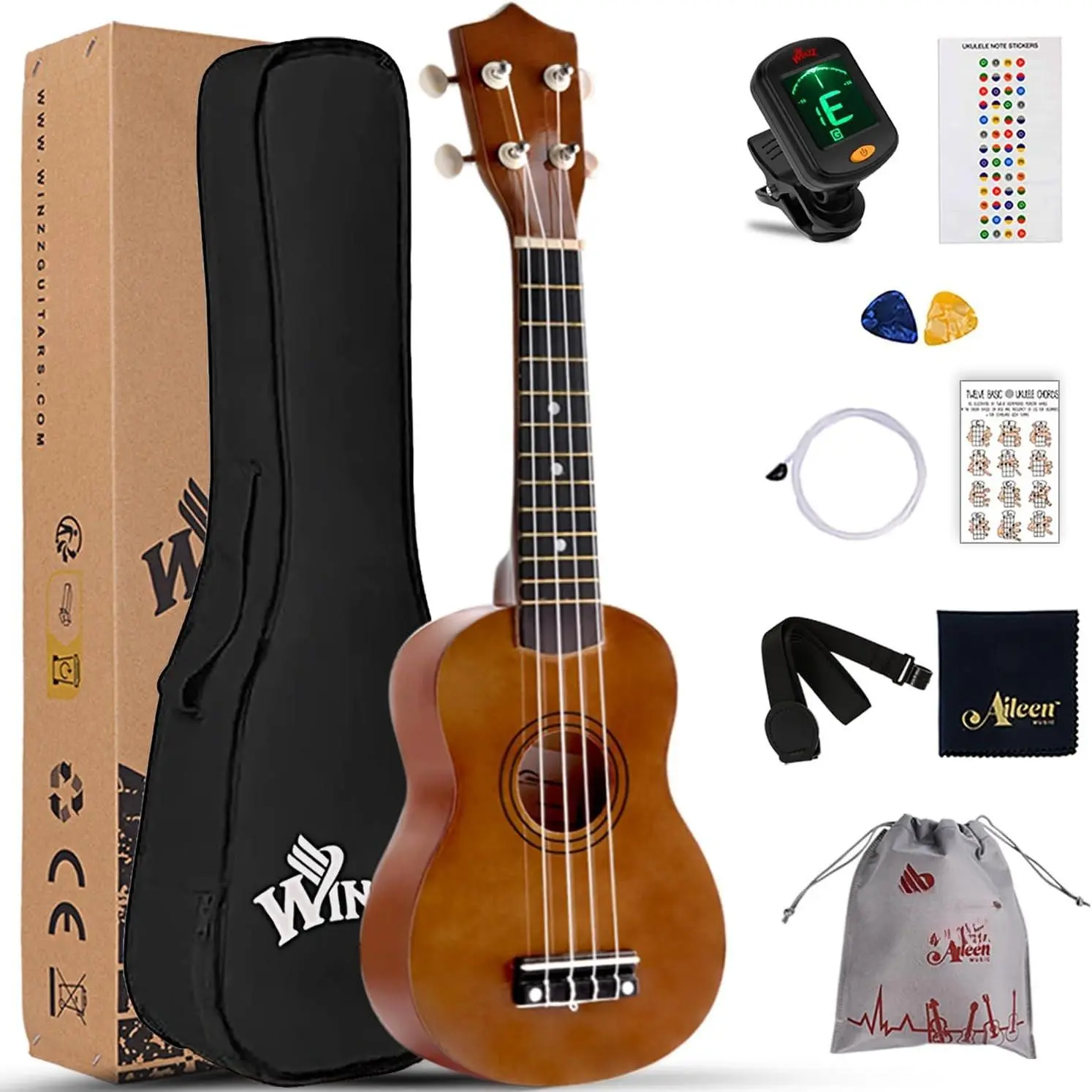 Soprano Ukulele Starter Kit For Beginners with Bag, Clip- Tuner, Extra Strings, Strap, Plectrum, Fret Stickers, Chords Card, Polishing Cloth, Brown