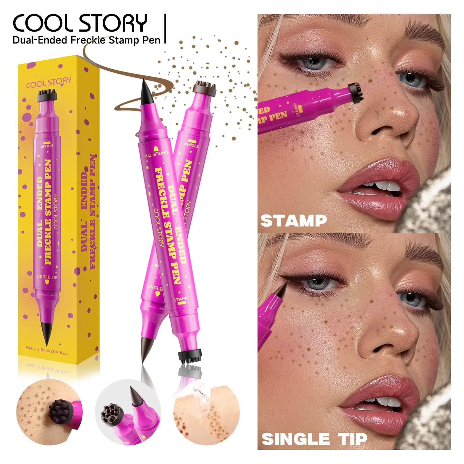 Cool Story Dual-End Freckle Stamp Pen, Natural Realistic Freckle Marker, Waterproof Long-Lasting Freckle Makeup Pen, Ideal for Tanned Skin