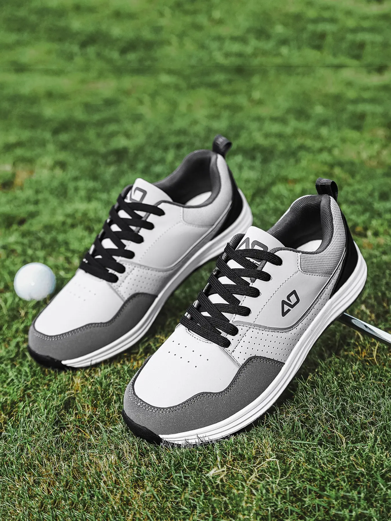 Men's Casual Golf Shoes, Anti-Slip Spike Outdoors Walking Shoes, Low Top Lace-Up, Breathable Leather, Comfortable & Durable