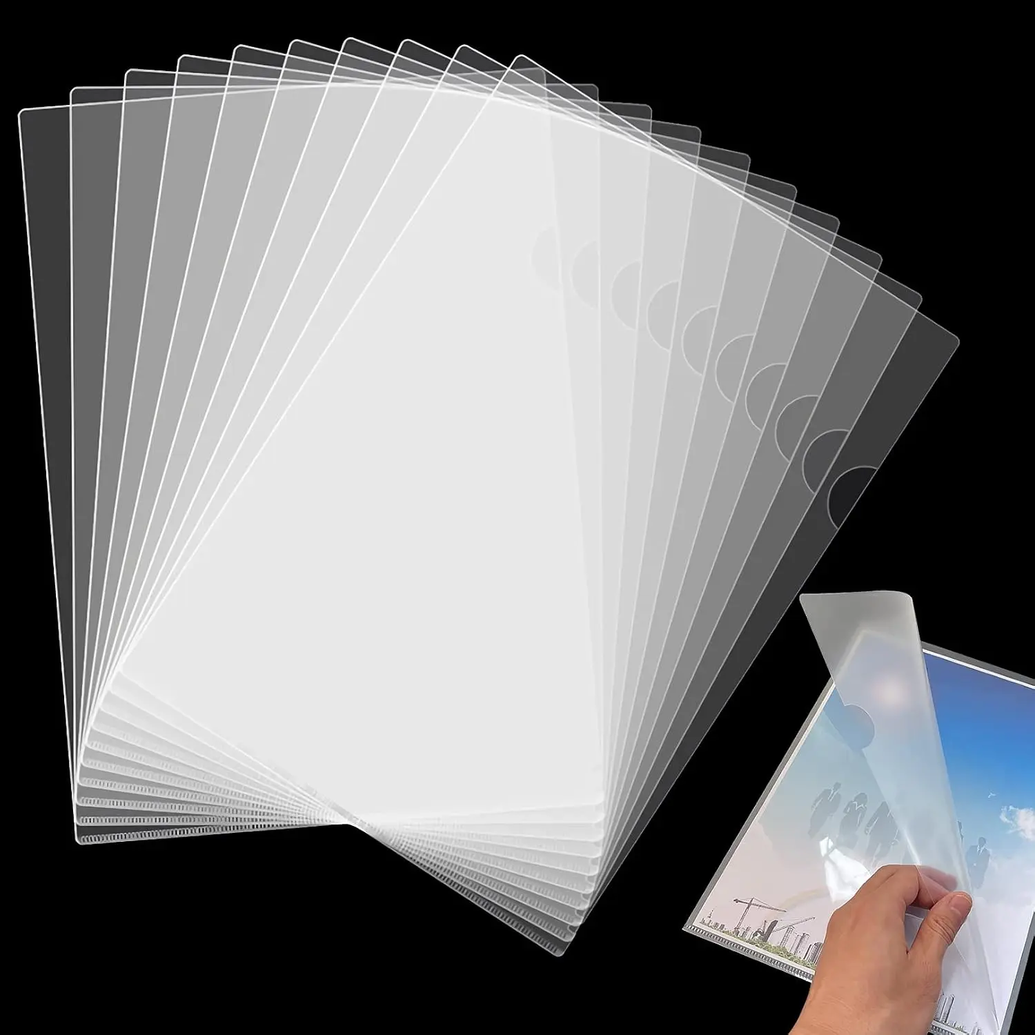 10 Pack Clear Document Folder, L-Type Plastic File Clear Folders Letter Size, Project Pockets Plastic Sleeves Transparent Folder for Office & School