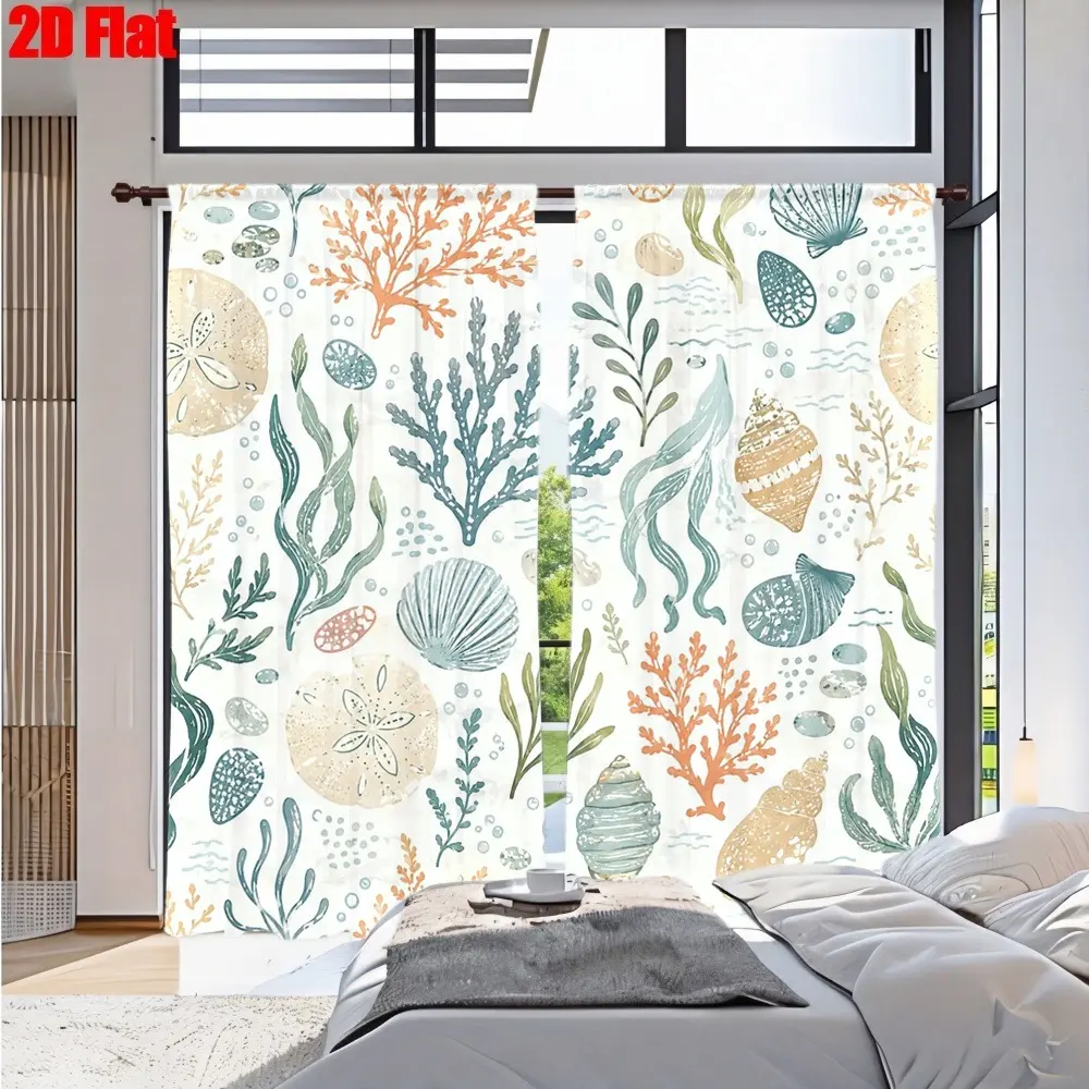 2D Flat 2Pcs Nautical Seashell Algae Pattern Curtain for Bedroom Kitchen with Ocean Marine Life Theme, Coastal Beach Style, High Definition Printing, Home Decor Living Room Bathroom Study Cabinet