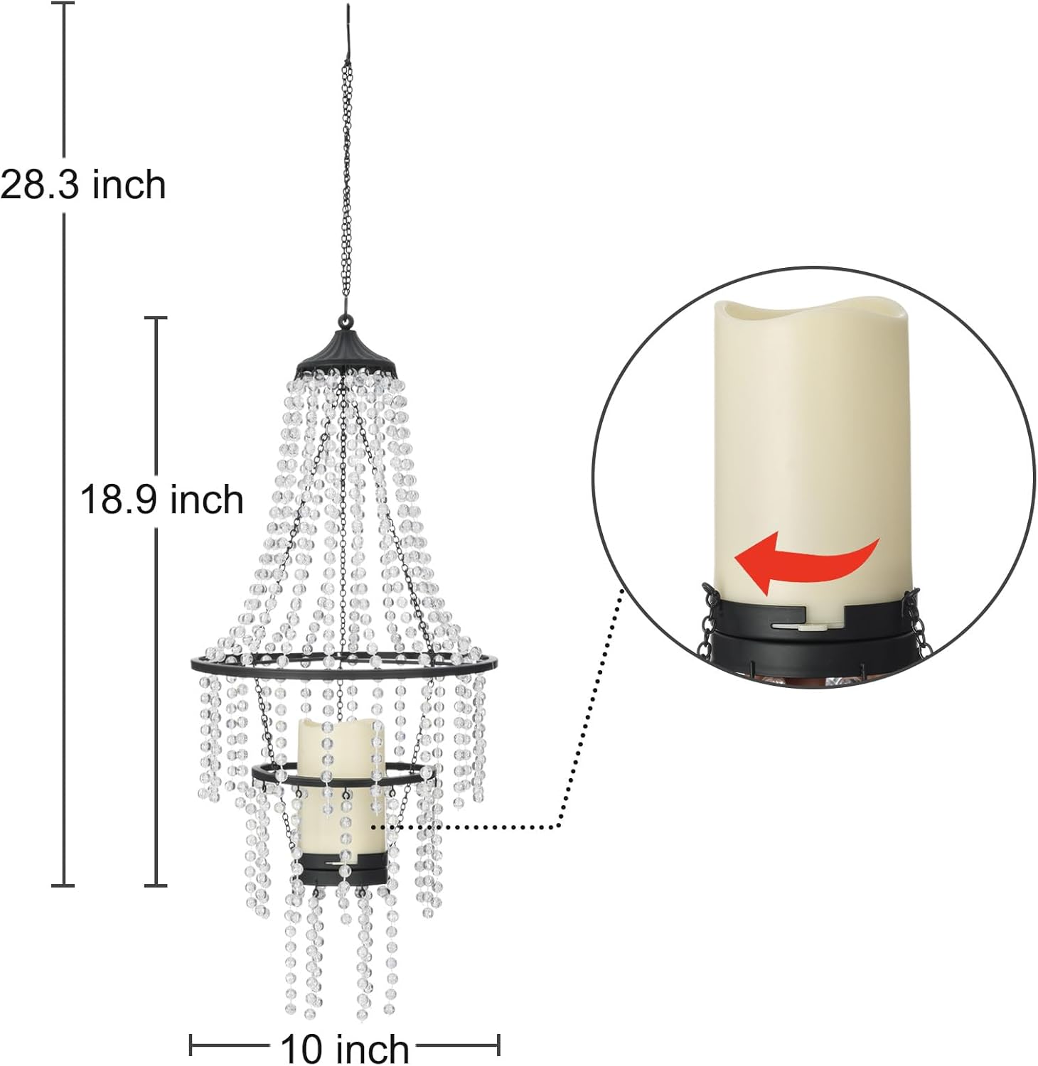 Hanging Candle Chandelier Outdoor,  Operated Clear  Beaded Chandelier with Flickering Led Candle Light S Hooks Modern Lantern for Garden Yard Patio Gazebo Room Indoor Decorations, 28H