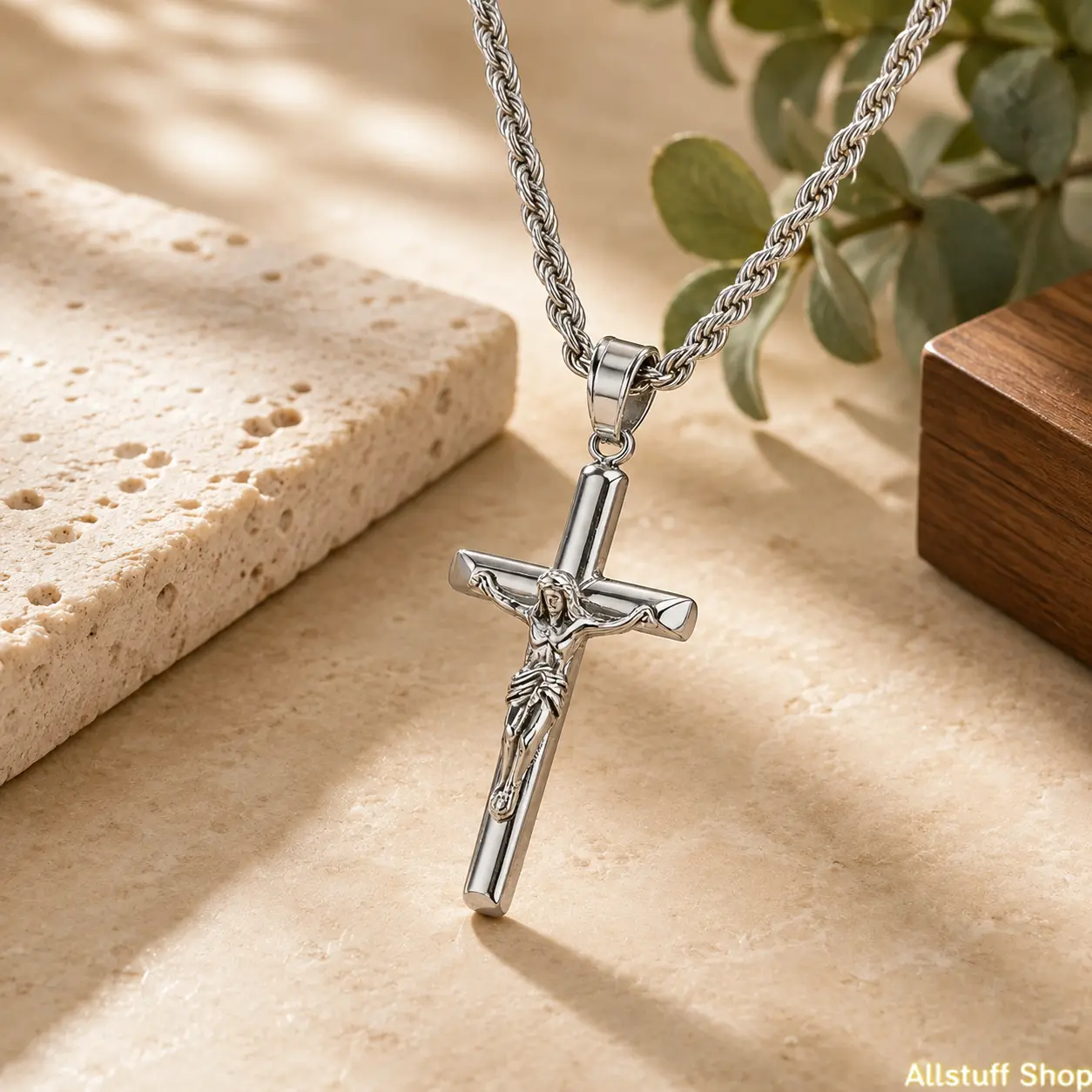 Men's Women's 18K Silver Plated Cross Necklace Pendant 3mm 22 Inch Rope Chain Stainless Steel Religious Jewelry Gift for Easter Christmas