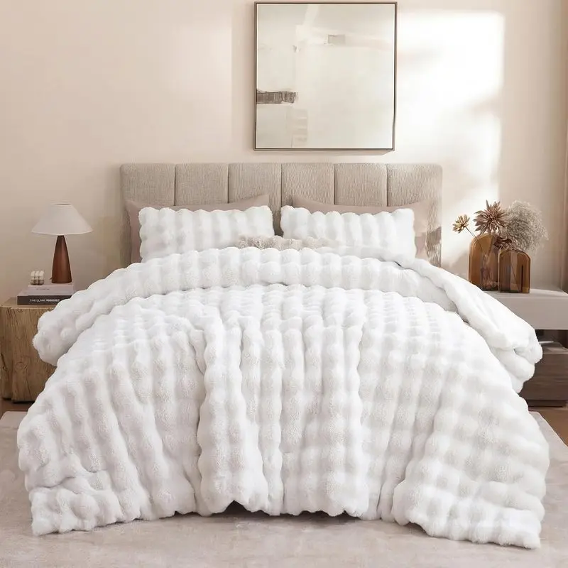 Queen Size Faux Fur Bedding Comforter Set - Ultra Soft Plush Texture, Flannel Back, Warm Lightweight, Cozy Nights, Multi-Size Solid White Bedroom Decor