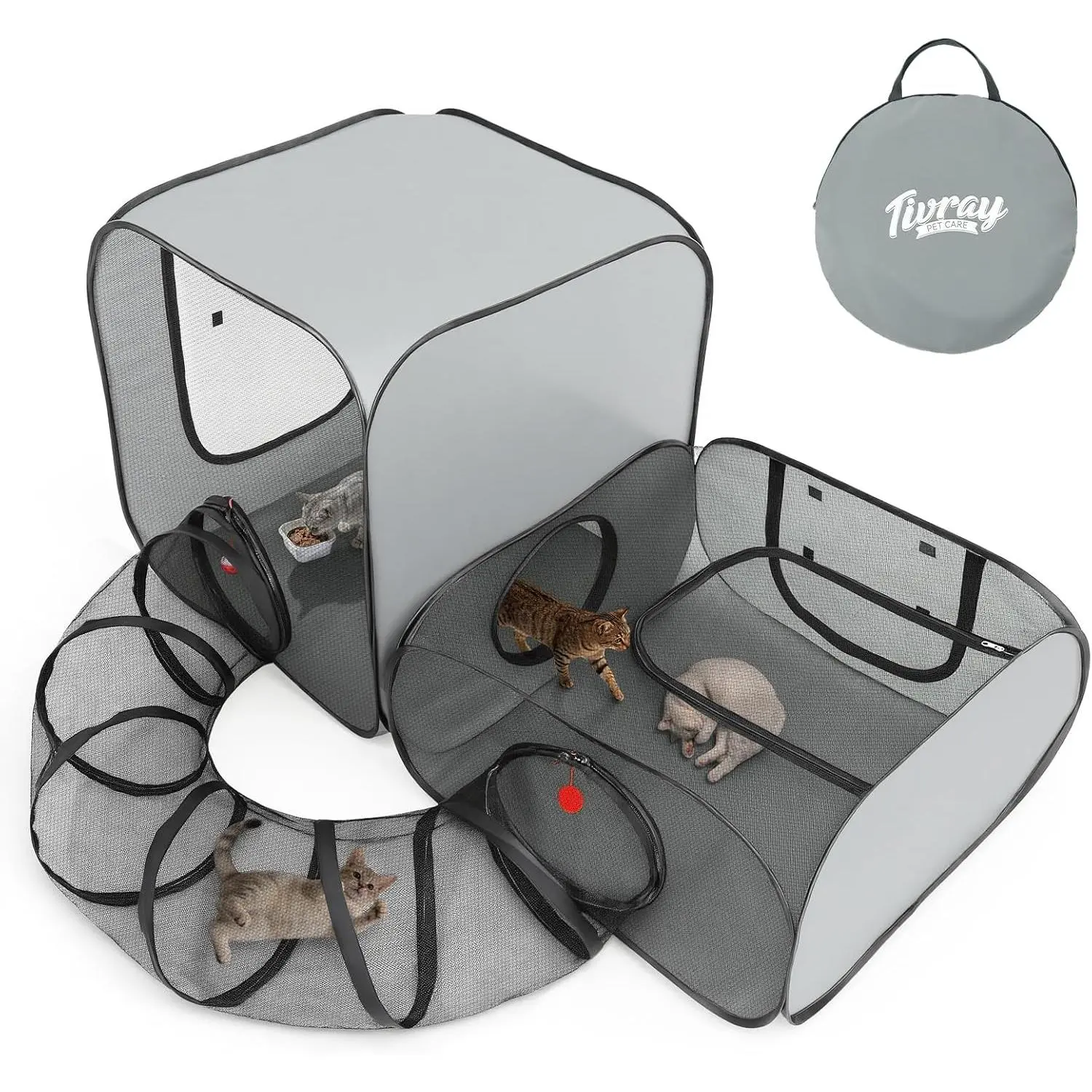 Cat Playpen, 3-in-1 Pop-up Outdoor Cat Enclosure with 2 Rooms 1 Tunnel, Breathable Pet Playpen for Indoor Outdoor Use, Portable Catio Tent with Carry Bag for Kitten Rabbit Small Animals, Gray
