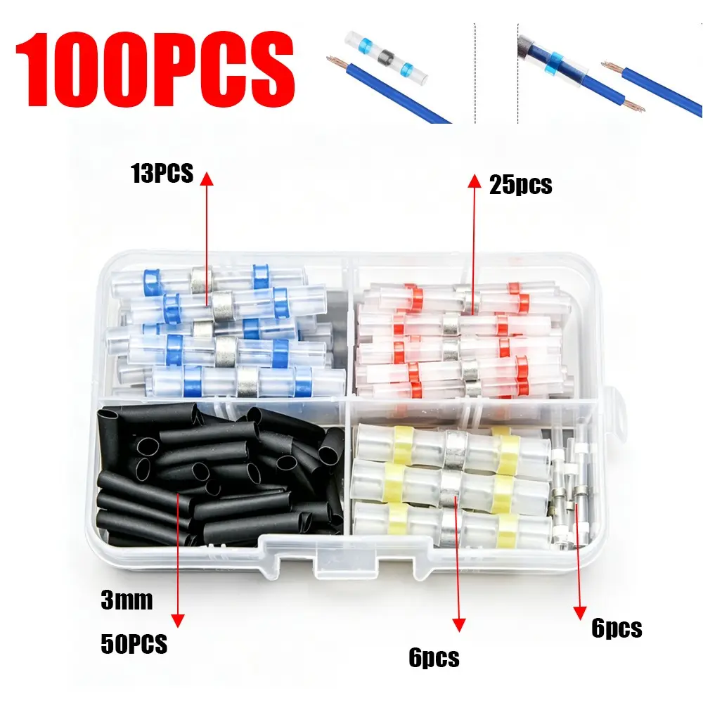 100pcs Boxed Solder Ring Kit, Heat Shrink Middle Connector Terminals, Waterproof No Crimp Wiring, Solder Rings, Heat Shrink Tubes, Insulation