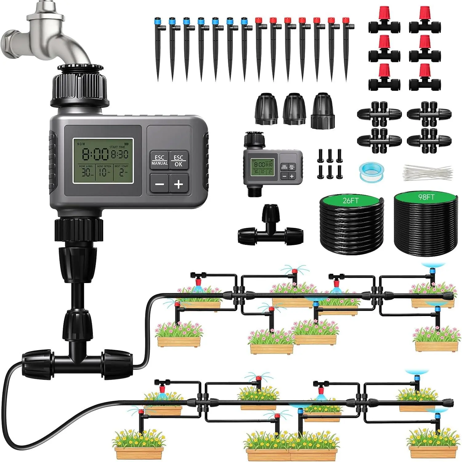 124FT Drip Irrigation System with LCD Timer, Automatic Watering System Kits,5/16 Inch Hose 1/4 Inch Distribution Tubing 3 Sprayer Types, for Garden, Greenhouse, Garden, Lawn