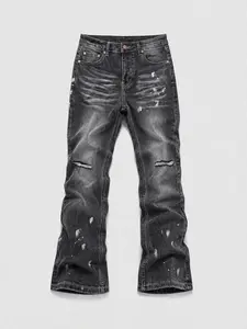 Men's Streetwear Jeans, Loose-Fit Micro-Ripped Denim Jeans, Y2K Washed Patchwork Design, All-Season Wearable, Trendy Fashion