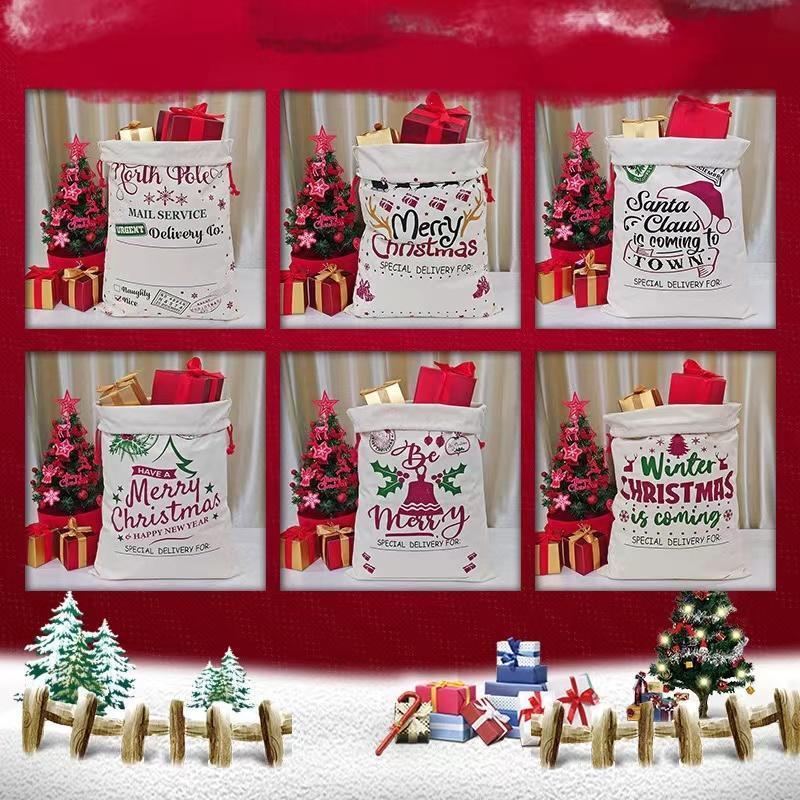 Extra Large Gift Bag Canvas Sacks for Presents Merry Christmas Candy Bundle Pockets Drawstring Bags Xmas Elements Printing 50*70
