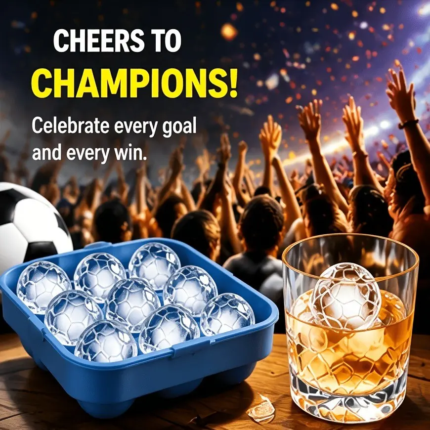 9 Cavity Silicone Soccer Ice Cube MoldWith Lid,FootballShapedLargeSphere Ice Ball MakerTray,Food Grade Reusable Ice Mold For Whiskey, Cocktail, Beverage Cooling, Multi-purpose Silicone Mould For DIY Ice, Chocolate, Candy, Jelly Home Bar Kitchen Supplies