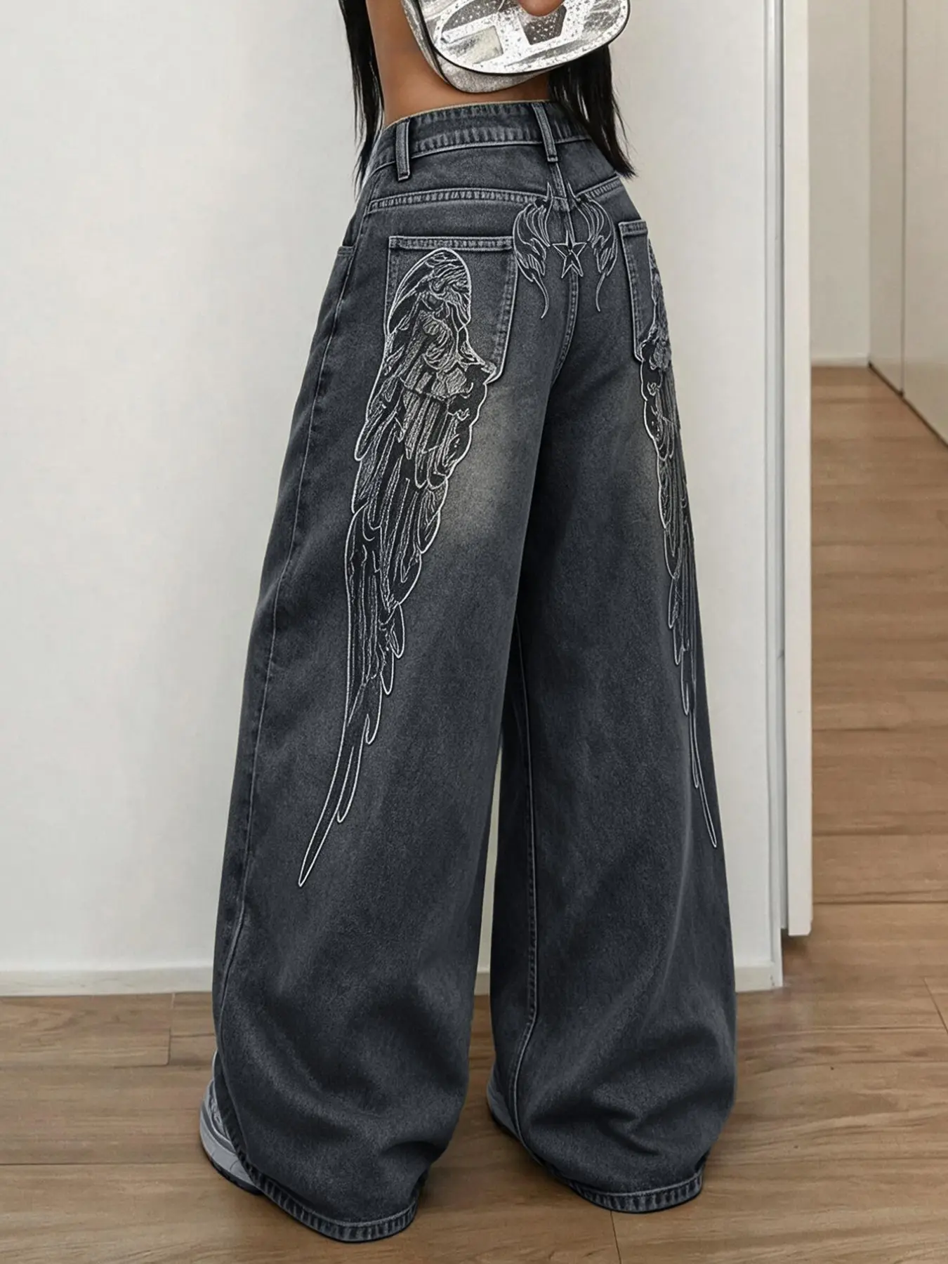 Women's Vintage Washed Angel Wings Embroidered Wide Leg Jeans, High Street Subculture Loose Floor-Length Pants, All Seasons