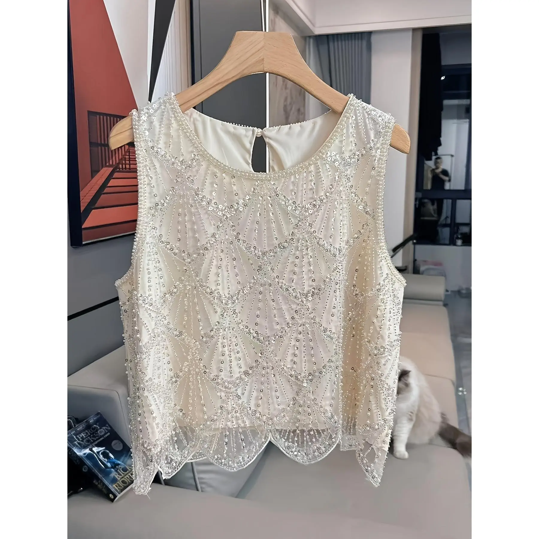 Women's 2026 Summer Fitted Sleeveless Vest - Polyester Heavy-Duty Pearl Sequin Beaded Top, Elegant, Machine Washable, Versatile for Parties, Ins-Style