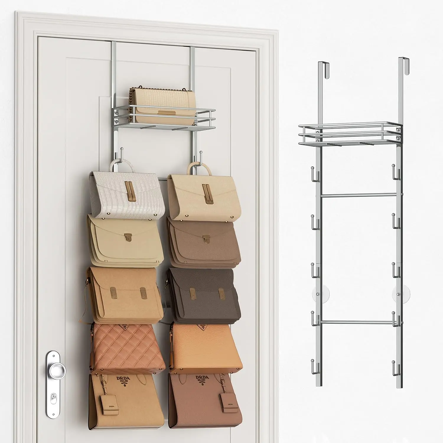 Over The Door Purse Organizer - Wall Mounted Handbag Organizer with 10 Hooks and Metal Basket,  Purse Storage Rack Holds up to 10 Bags, Bag Rack Can Use As 1/2 Part, for Door, Closet