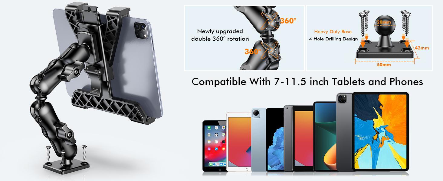 OHLPRO Truck Tablet Mount, Heavy-Duty iPad Holder, Suitable for 360-Degree Drilled Base ° Adjustable 2-level arm car mount, suitable for all 7inch - 11.5inch iPad Pro, Mini, Samsung tablets, Nexus, ideal for desktops, walls, buses, etc