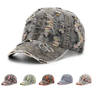 European American Vintage Washed Denim Dad Hat, Ripped Detail Letter Curved Brim Sun Cap, Casual All-Match Distressed Peaked Hat for Spring Autumn