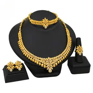 4Pcs 18K Gold Plated Crystal Floral Teardrop Fringe Bridal Jewelry Set, Wide Bib Statement Necklace Drop Earrings Bracelet Ring, Luxury Dubai Sparkling Gold Jewelry For Wedding Eid Gala Party