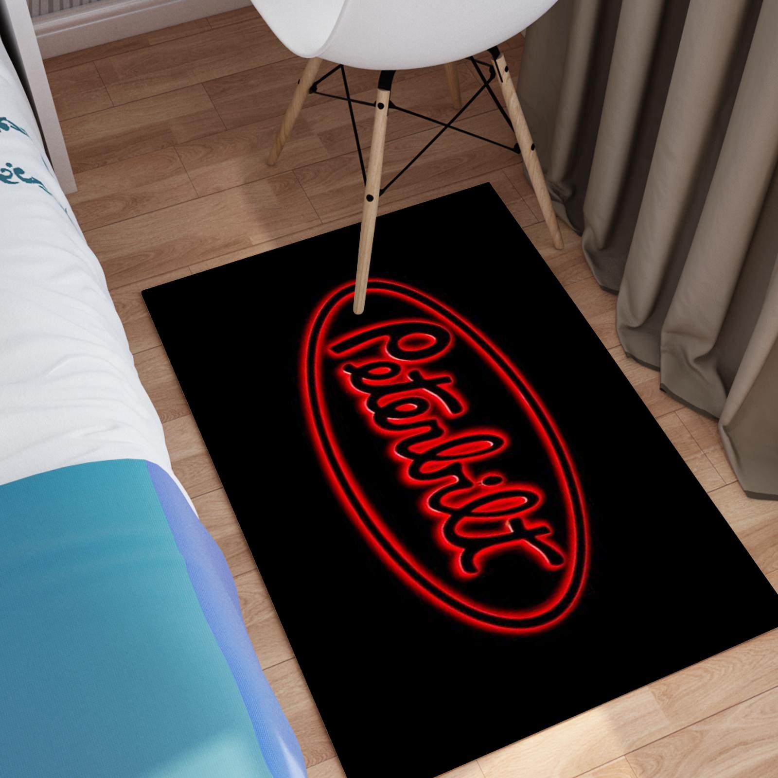 Peterbilt Neon Sign Logo Doormat – Red Glow Oval Truck Brand Floor Mat, Perfect for Truck Drivers, Garage or Man Cave Entryway Decor