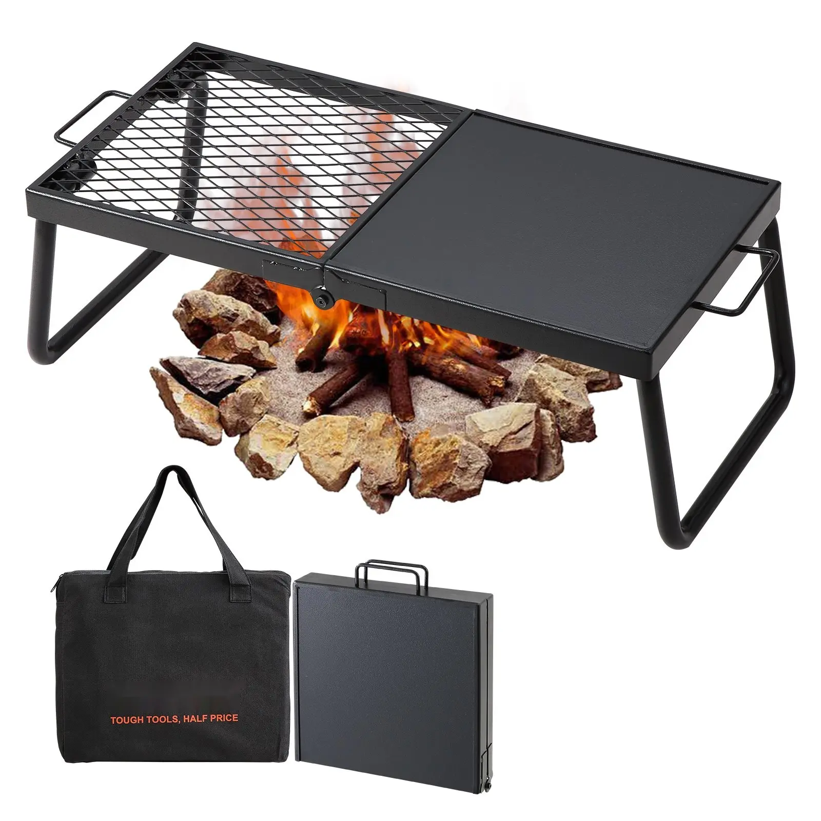 Folding Campfire Grill, Heavy-Duty Steel Mesh Grate, 22.4-Inch Portable Camping Grate for Over Fire Pit, Camp Fire Cooking Equipment With Legs and Carrying Bag, Outdoor Open Flame Grilling Rack for Camping and Bbq