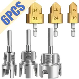 6 Pcs Inside Outside Pipe Threader Tool Set, Includes 1/2" 3/4" 1" Die Heads & 20/25/32mm Hex PPR Reamers, Compatible with Drill Press Electric Drill, Heavy Duty PVC Plastic Tubing Plumber Kit