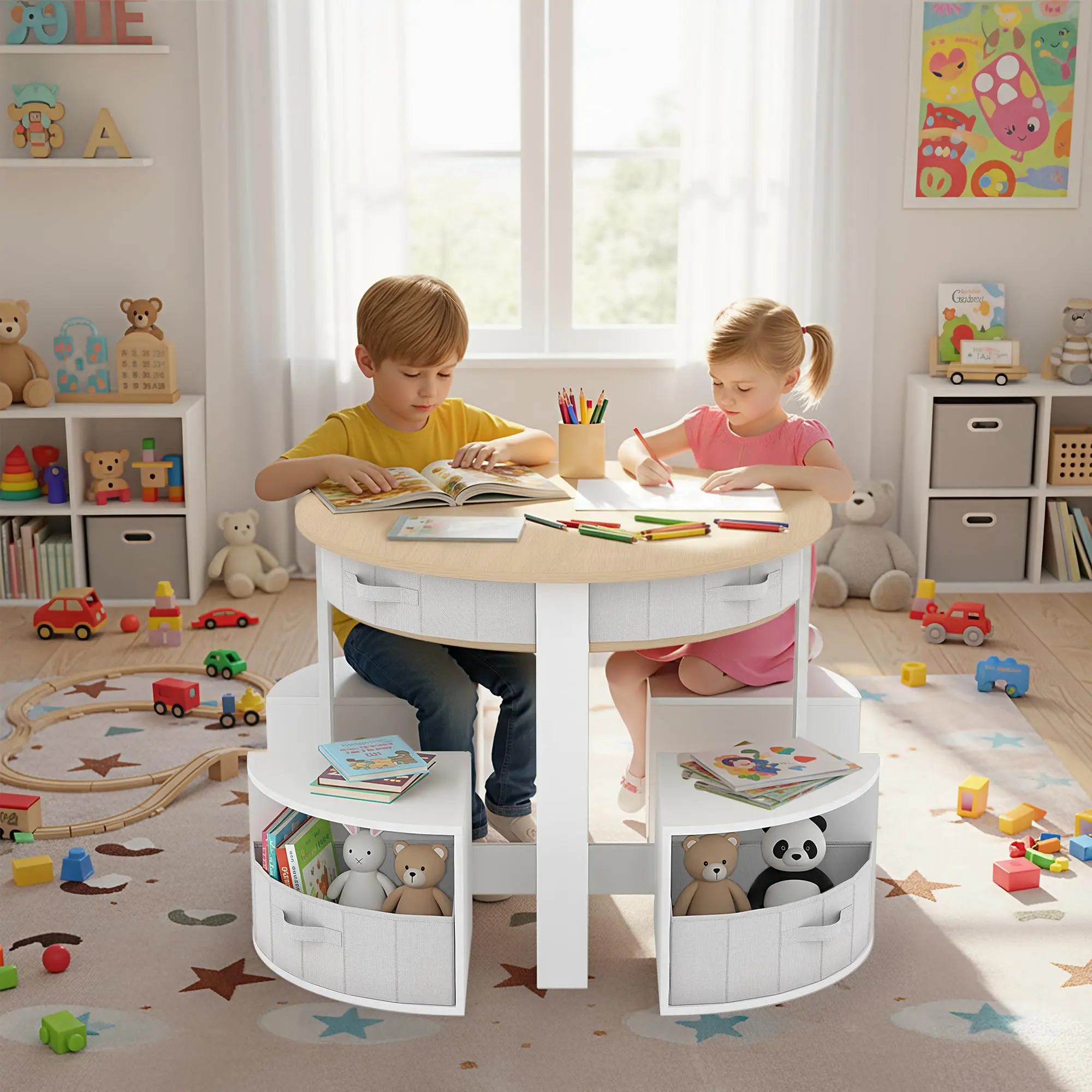Round Kids Activity Table, 5 Pieces Wooden Round Nesting Design Multi-Activity Table with 4 Storage Stools & 4 Fabric Drawers, Table and Chair Set for Play/Art/Reading/Craft