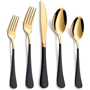 20-Piece Black & Gold Silverware Set, 18/0 Stainless Steel Flatware with Colorful Handle, Service for 4, Modern Cutlery Includes Dinner Knives Forks Spoons, Mirror Polished, Dishwasher Safe