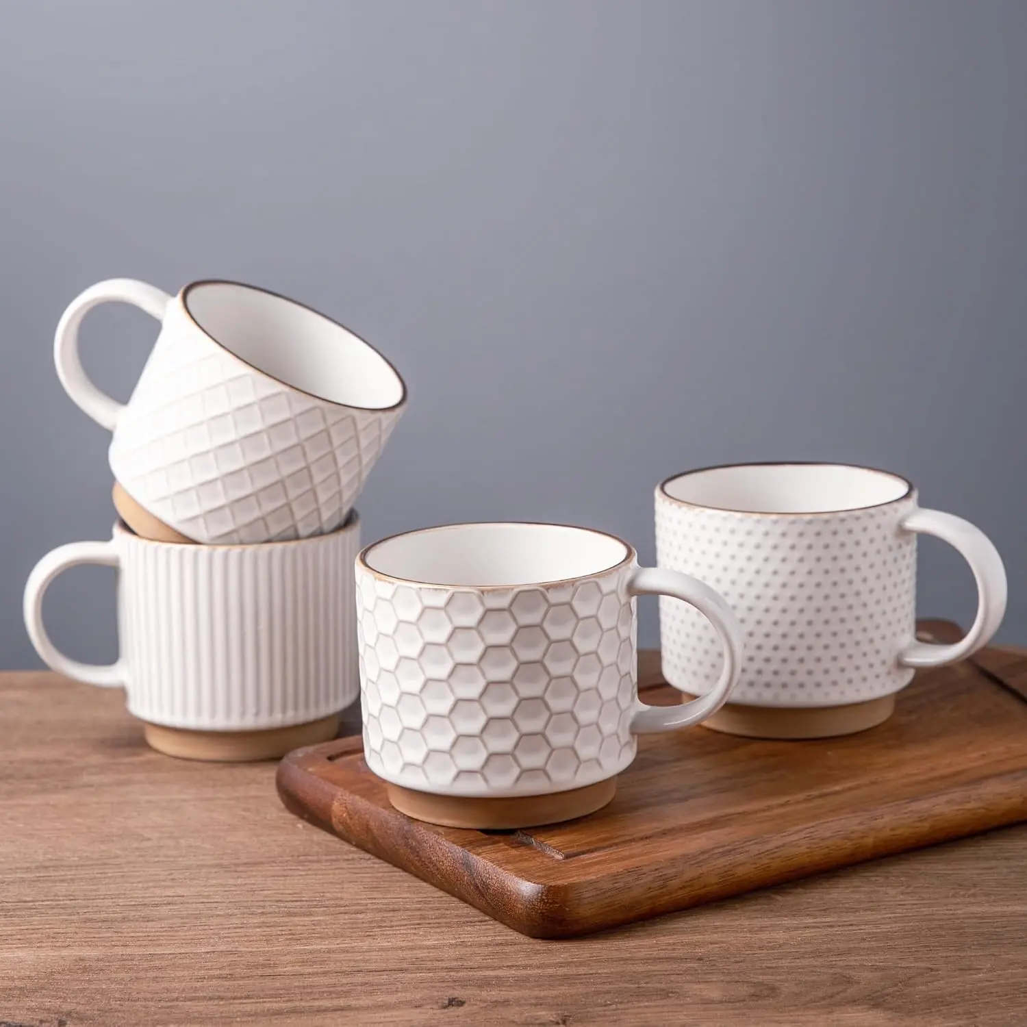 Sturdy 12oz Stackable Ceramic Coffee Mugs Set of 4, Assorted Embossed Texture Designs Cups, Dishwasher & Microwave Safe, Gift-Ready for Tea/Coffee, Cream Tone