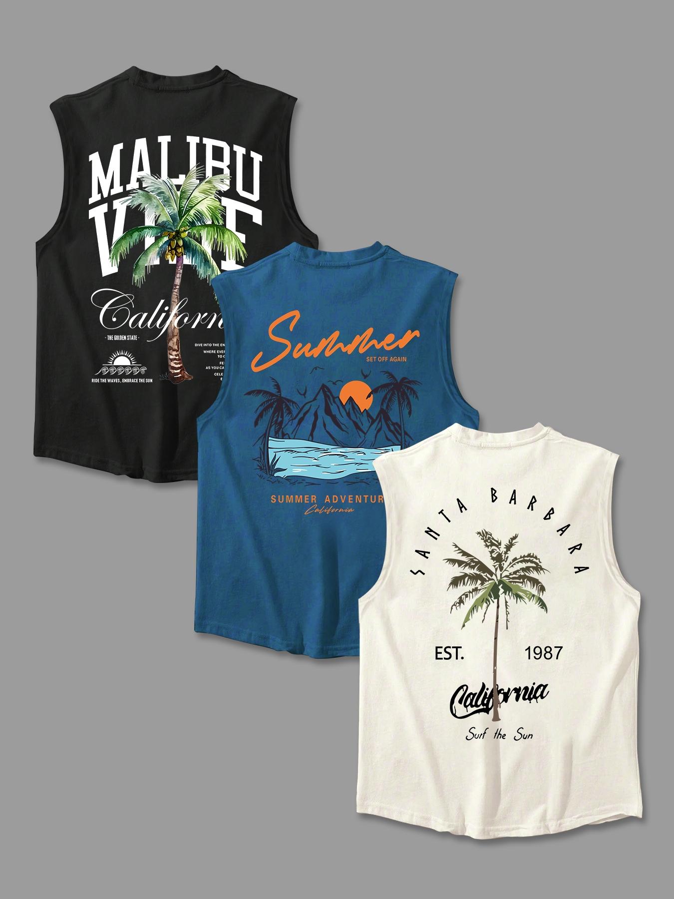 Men's Letter & Palm Tree Print Tank Top, Regular Fit Casual Soft Comfy Sleeveless Round Neck Top for Summer, Men's Clothes for Daily Wear, Stretch Tank Tops, Sleeveless Shirt