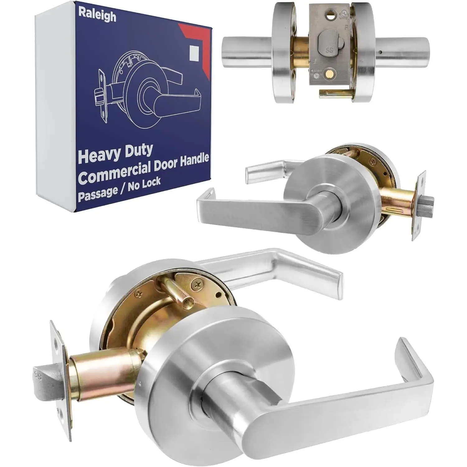 Heavy Duty Commercial Door Handle | Passage Function | Grade 2 | No Lock/Key | for Meeting Rooms & Kitchens | Nickel Finish | C UL & ADA | ANSI A156.2