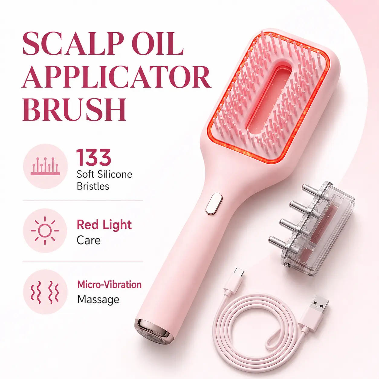 Pink Scalp Oil Applicator Brush with 133 Soft Silicone Bristles, Red Light Care and Gentle Micro-Vibration Massage, Precision Hair Oil Distribution Tool for Relaxing Daily Scalp Care and At-Home Spa Routines