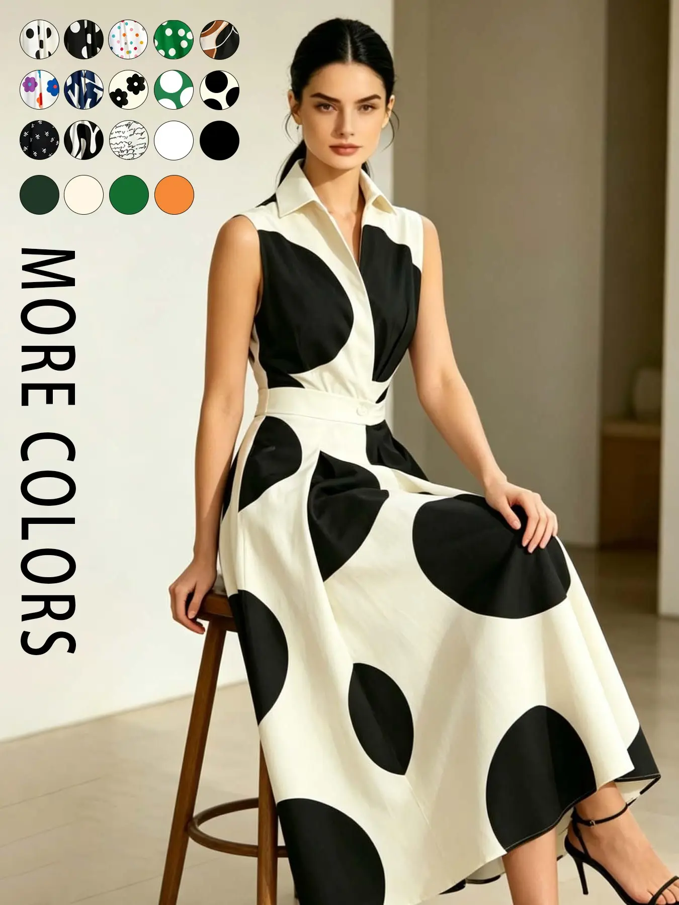 A Chic French V-neck lapel print sleeveless dress, Beach party dress, with a cinched waist and a large hem to show off weight, suitable for summer, afternoon tea, dating, garden check-in, small party, urban commuting
