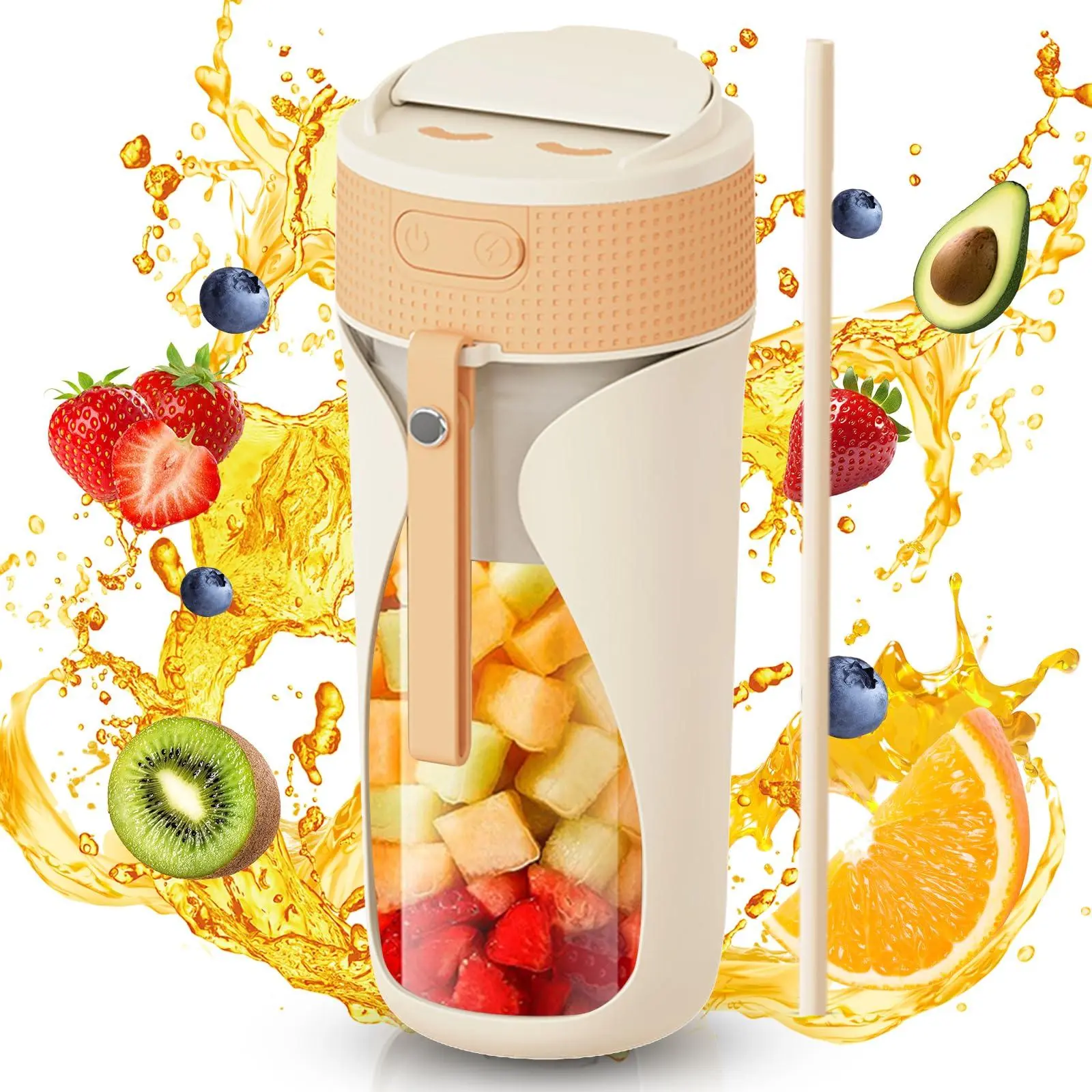Portable 450ml BPA-Free USB-C Rechargeable Personal Smoothie Maker - 6 Blade Design Mini Blenders, Space-Saving Kitchen Appliance, Ice Crushing, Multi-Function Smoothies Blenders for Home, Sport (Orange)