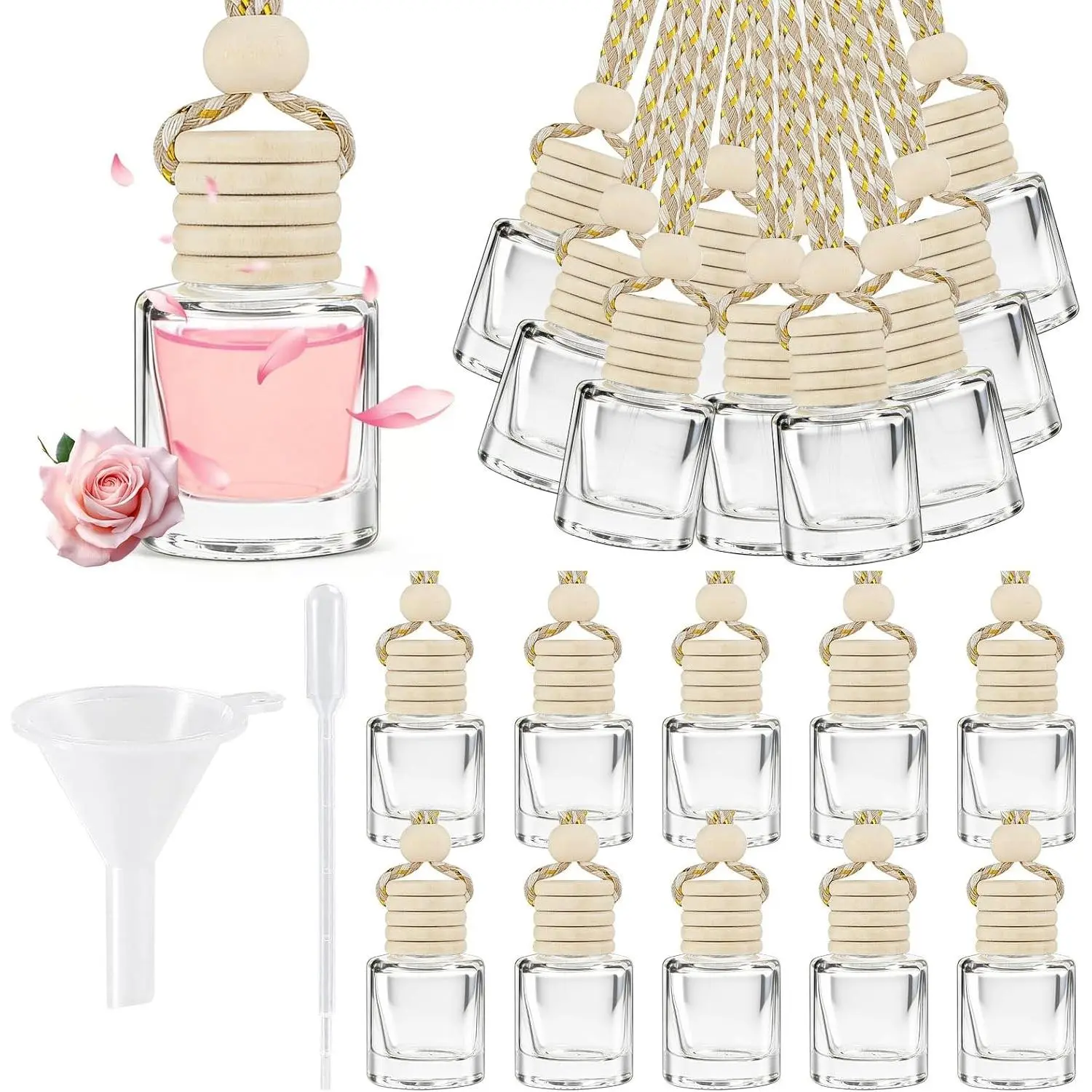 20 Pcs Car Diffuser Bottle Set with Wooden Caps,Dropper and Funnel, Empty Glass Car Air Freshener Bottle Bulk Hanging Essential Oil Fragrance Pendants for Car Decor，Can DIY Car Air Freshners Diffuser
