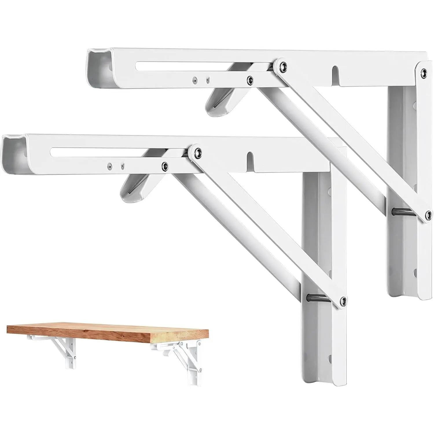 2 count Folding Shelf Brackets,Heavy Duty Metal Collapsible Shelf Bracket for Benchfor WorkbenchShelf Hinge Wall Mounted Space Saving DIY Bracket,with Screws. (White, 8 Inch)