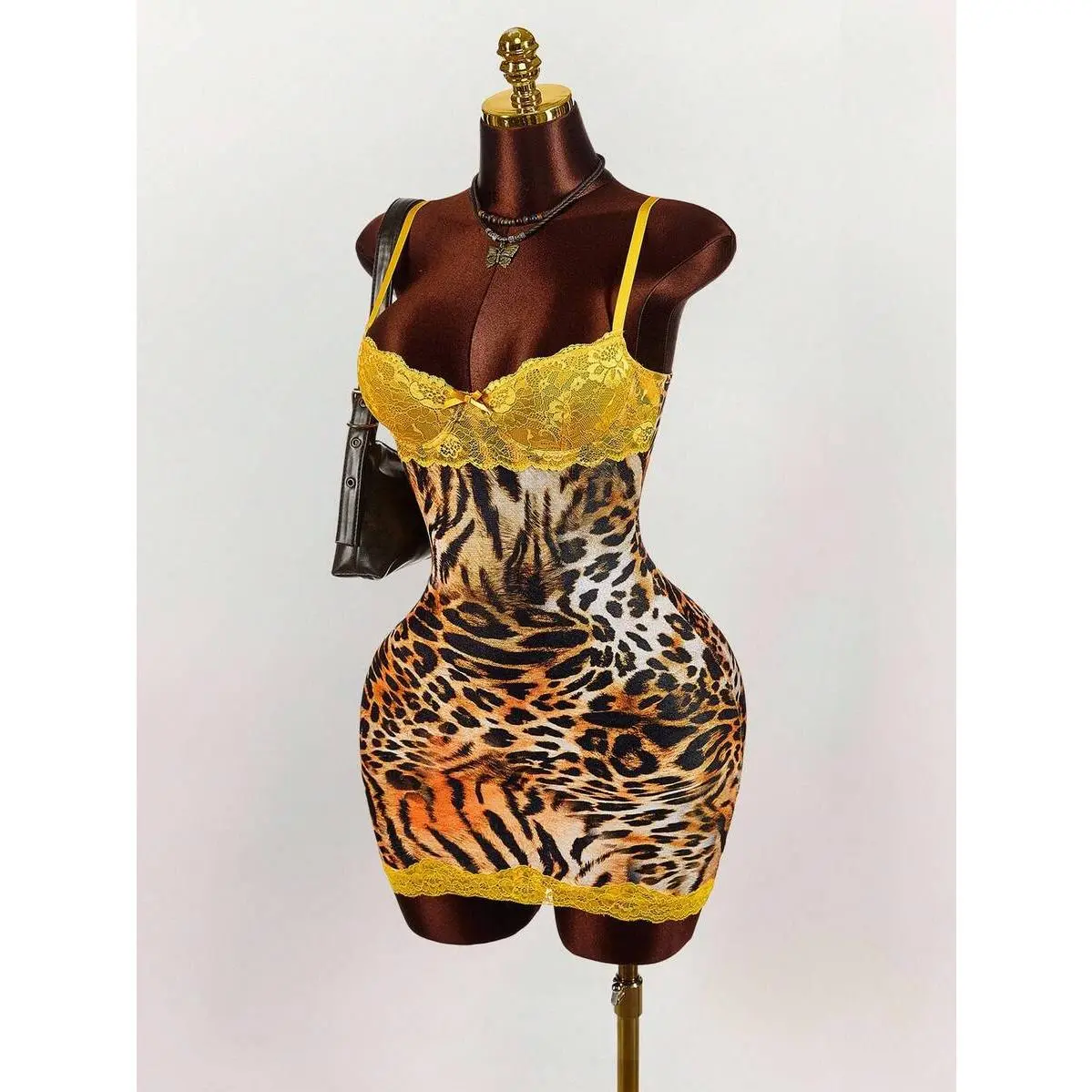 Leopard Print Party Yellow Lace Cup Detail Tropical Floral Mesh Bodycon Mini Dress Cheetah Outfits Two Piece Animal Set