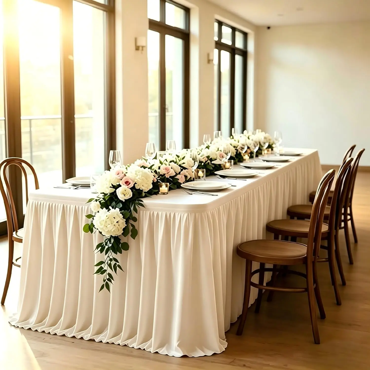 72"L x 30"H Beige Silky Polyester Blend Pleated Ruffles Table Skirt - 6FT Wrinkle-Free, Casual Hook-Attached for Rectangle Tables, Layered, Christmas/Wedding Banquets Home/Festive Decor