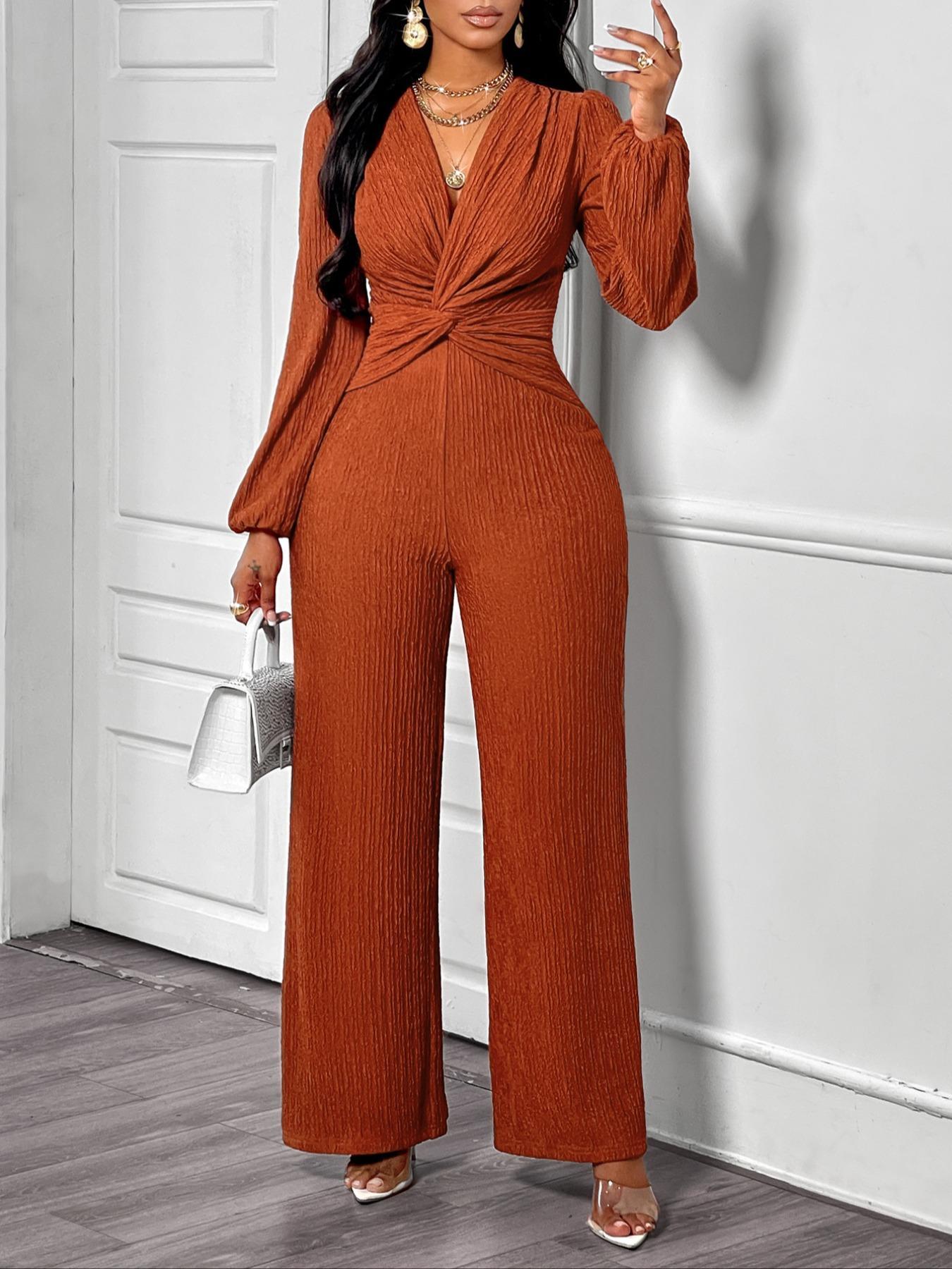 Aliling Fahsion Jumpsuit For Women Autumn Sexy Elegant Women's Jumpsuits, Deep V Neck High Waist Twist Design Long Pants, Puff Sleeve Wide Leg Pants Jumpsuit ,All Seasons Causal Wear