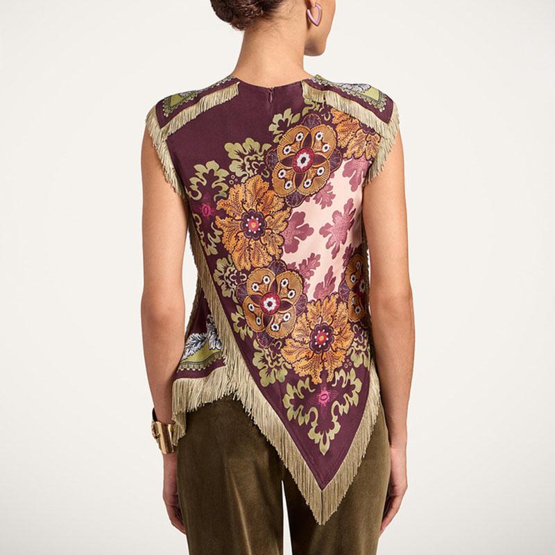 Ethnic Vintage Floral Print Woman Clothes Elegant O Neck Tassel Cross Split Irregular Top Summer Sleeveless Zipper Blouse Shirts, Irregular Tassel Crossover Vintage Top, Women's Unique Design with Tassels