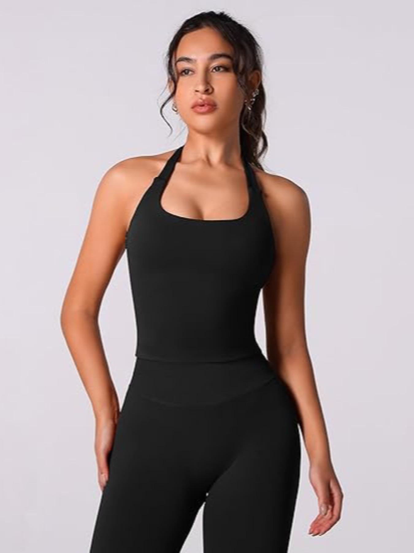 Women's Solid Removable Chest Pads Sports Tank Tops, Comfortable Breathable Workout Tops for Yoga Gym Workout, Ladies Sportswear for All Seasons