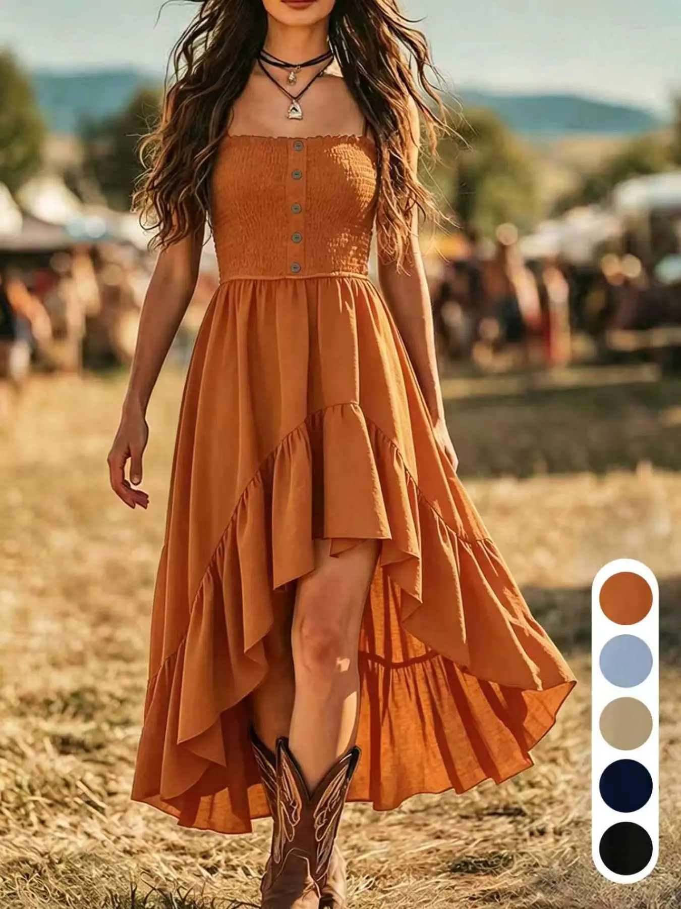 Western Style Casual Sleeveless Long Dress, Asymmetrical Ruffle Hem, Boho Bohemian Festival Dress, Summer Midi Dress, High Waist Slim Fit