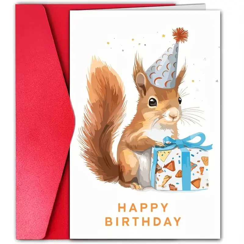 Charming Squirrel Birthday Card with Party Hat, Whimsical Animal Greeting, Happy Birthday Festive Card, Squirrel Gifts for Friends