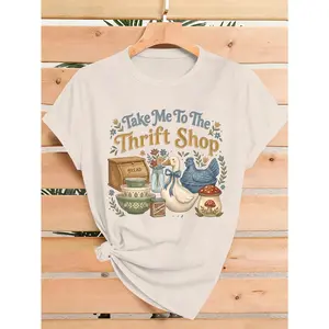 Women's Bohemian Thrift Shop Print Tshirt - Short Sleeve Round Neck Casual Clothes, Ideal for Spring & Summer, Perfect Birthday/Holiday Gift, Suitable for Commute & Office Errands