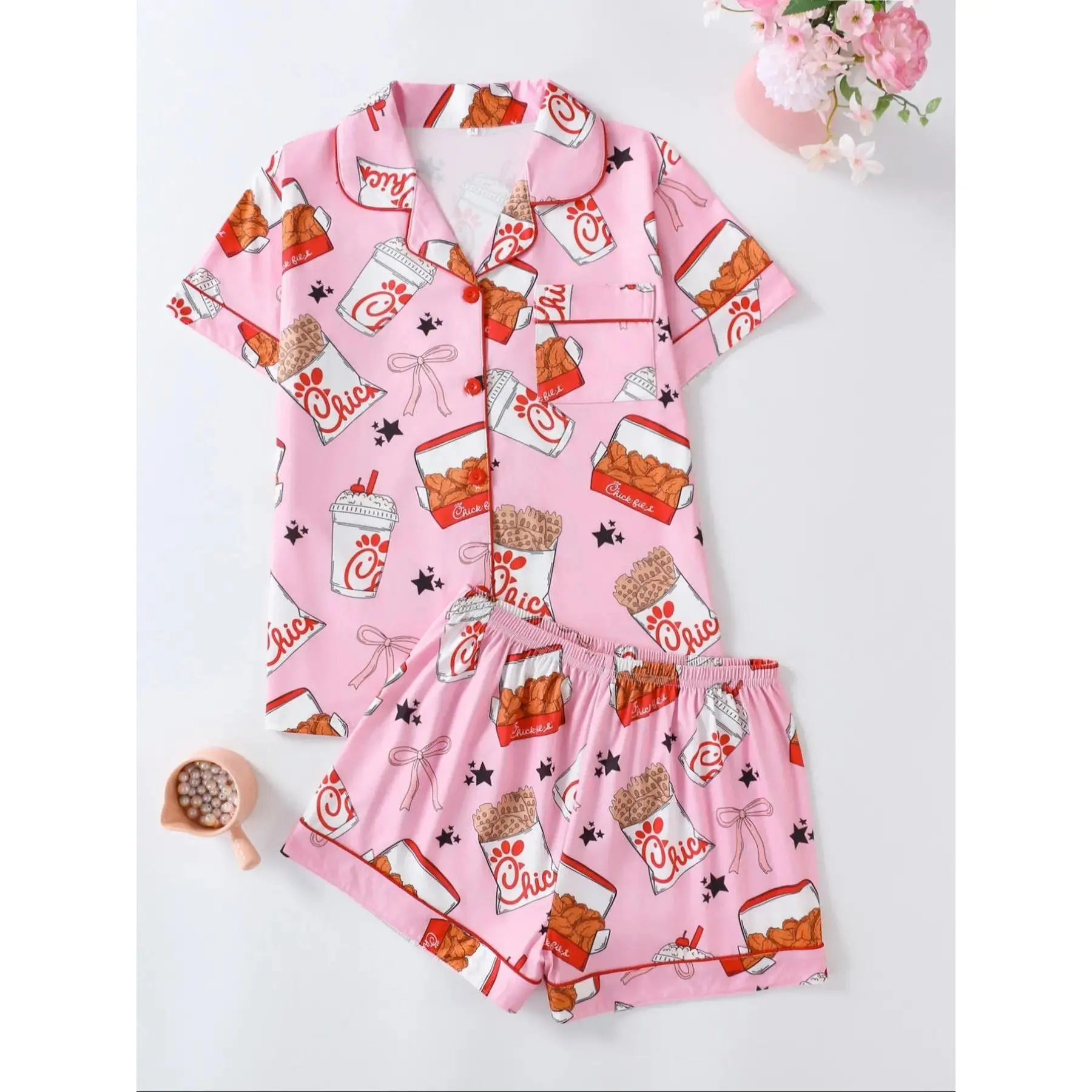 Women's Sleepwear Set, Casual Fitted Short Sleeve Top & Loose Comfortable Shorts, All-Season Elegant Ladies' Pajama Suit, Soft Breathable Nightwear, Elegant Matching Loungewear Gifts For Women